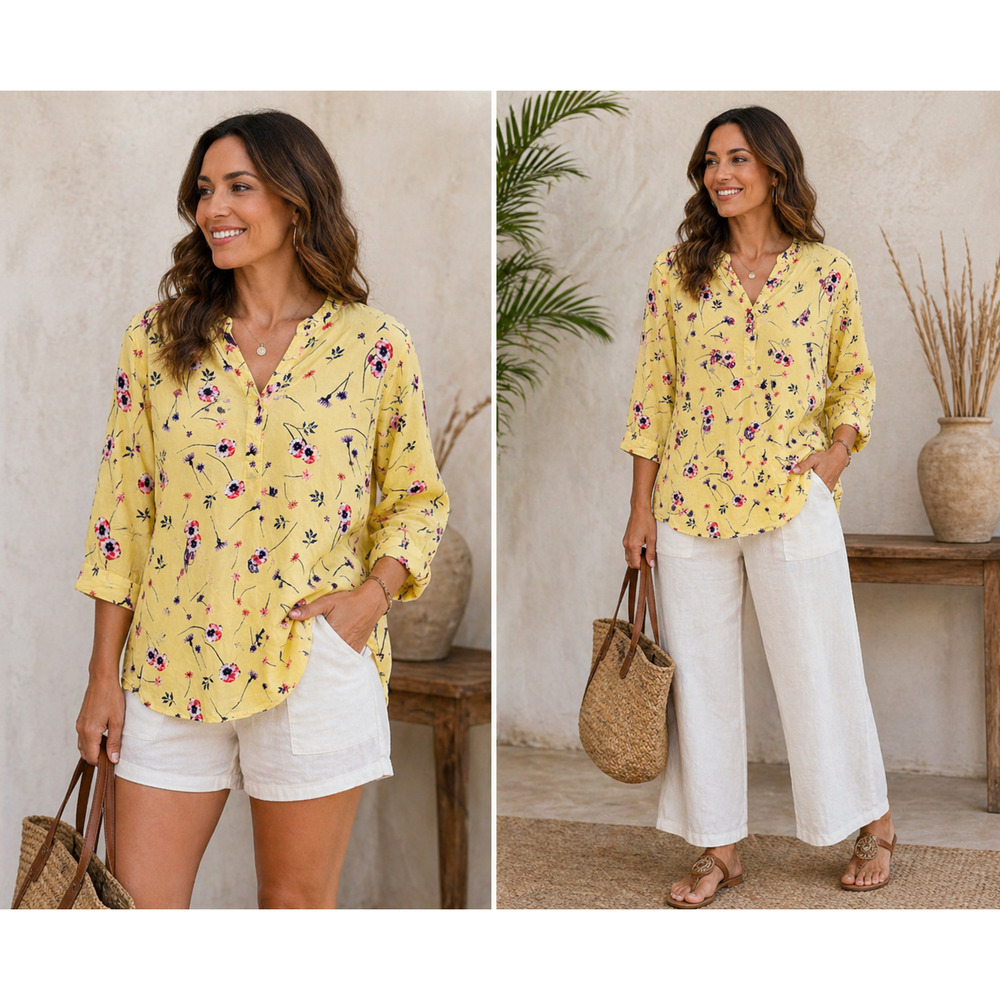 Yellow Floral Tunic Top Women Lightweight Boho Blouse Spring Cottage Core -18-20